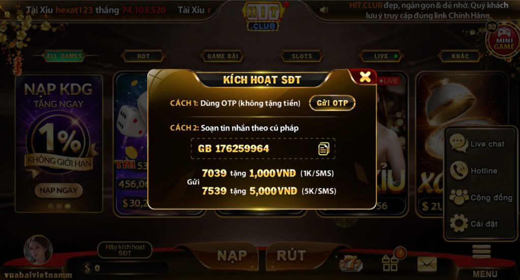 Kích hoạt SDT Hitclub để nhận được hỗ trợ